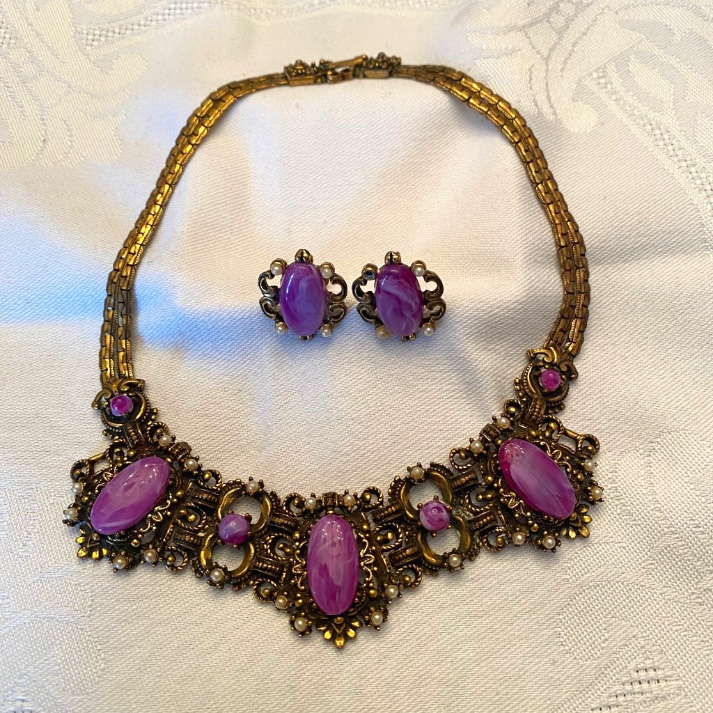 Unsigned Selro Selini Victorian Bronze-Colored Purple Necklace And Earrings